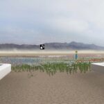 White concrete borders split into two paths. An AR avatar stands waiting, surrounded by meadow flowers, with mountains in the distance, set against mountains and a bright blue sky.