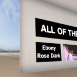 Inside a gallery space with white walls there are signs that read 'All of the Pronouns' and 'Ebony Rose Dark'. An image of a drag queen is also featured alongside text boards that describe the artwork. To the left of the image we can see out of the gallery entrance into the desert, with mountains and blue sky in the distance.