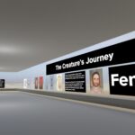 Inside a gallery space showing various artworks by the artist Fenbi, including a self-portrait in the foreground. A black sign with white text reads 'The Creature's Journey'.