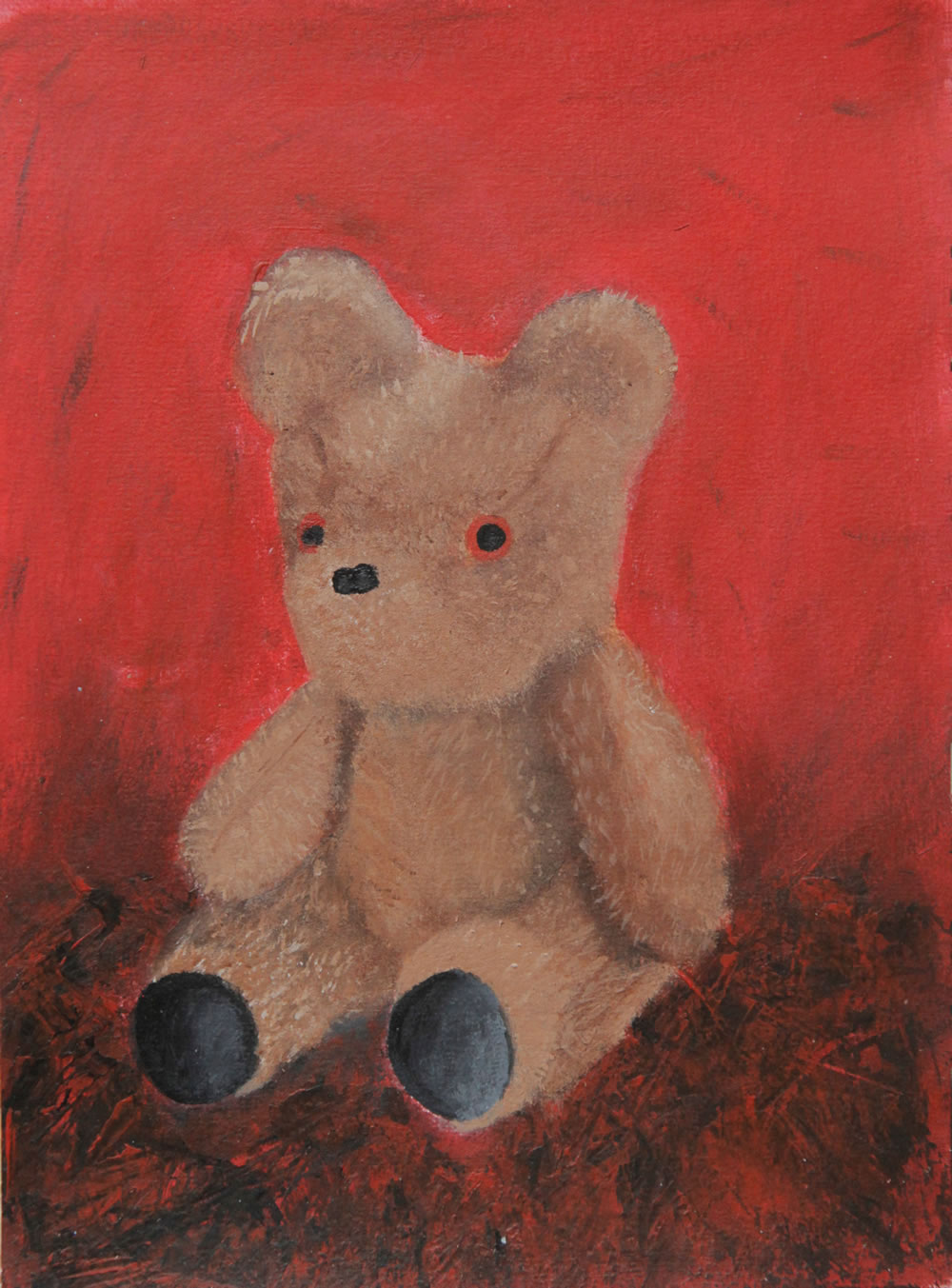 Coco - Art by Fenbi - A detailed acrylic portrait of my childhood teddy bear against a red background and black and red textured floor. The bear is brown with black paws.