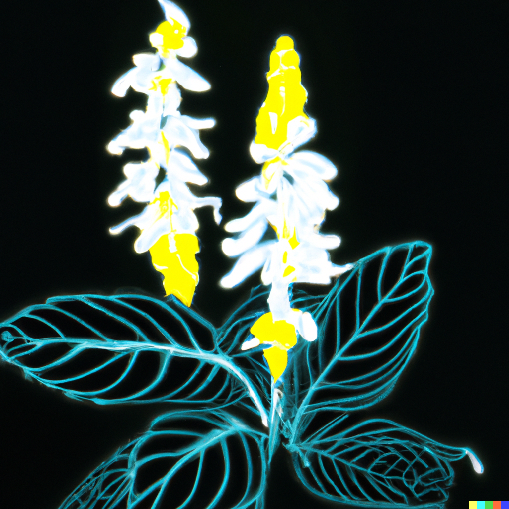 A neon outline of the Pachystachys lutea flower and its leaves